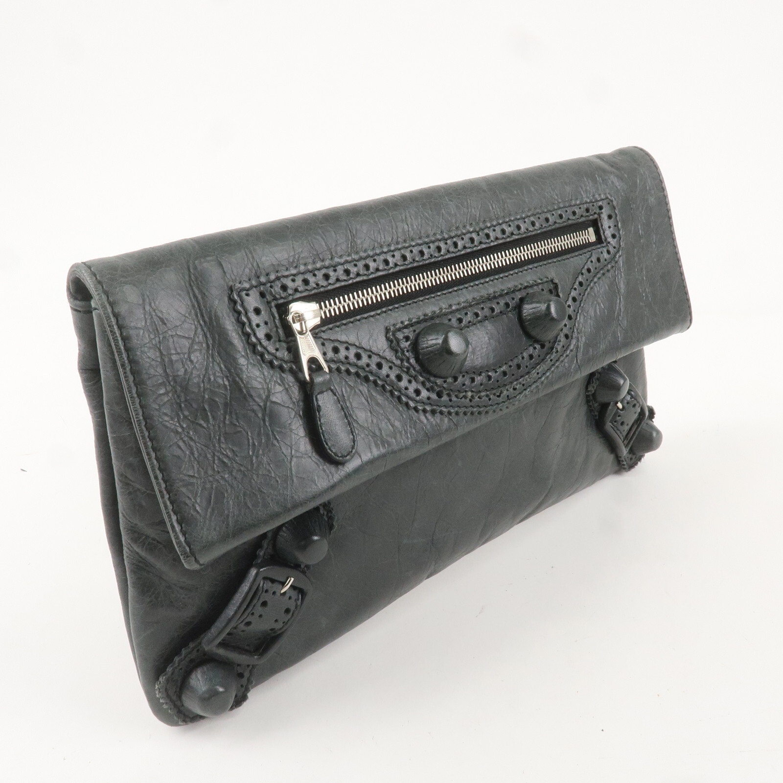 BALENCIAGA Giant Envelope Clutch Bag Dark Gray Leather 204534 Auth Used