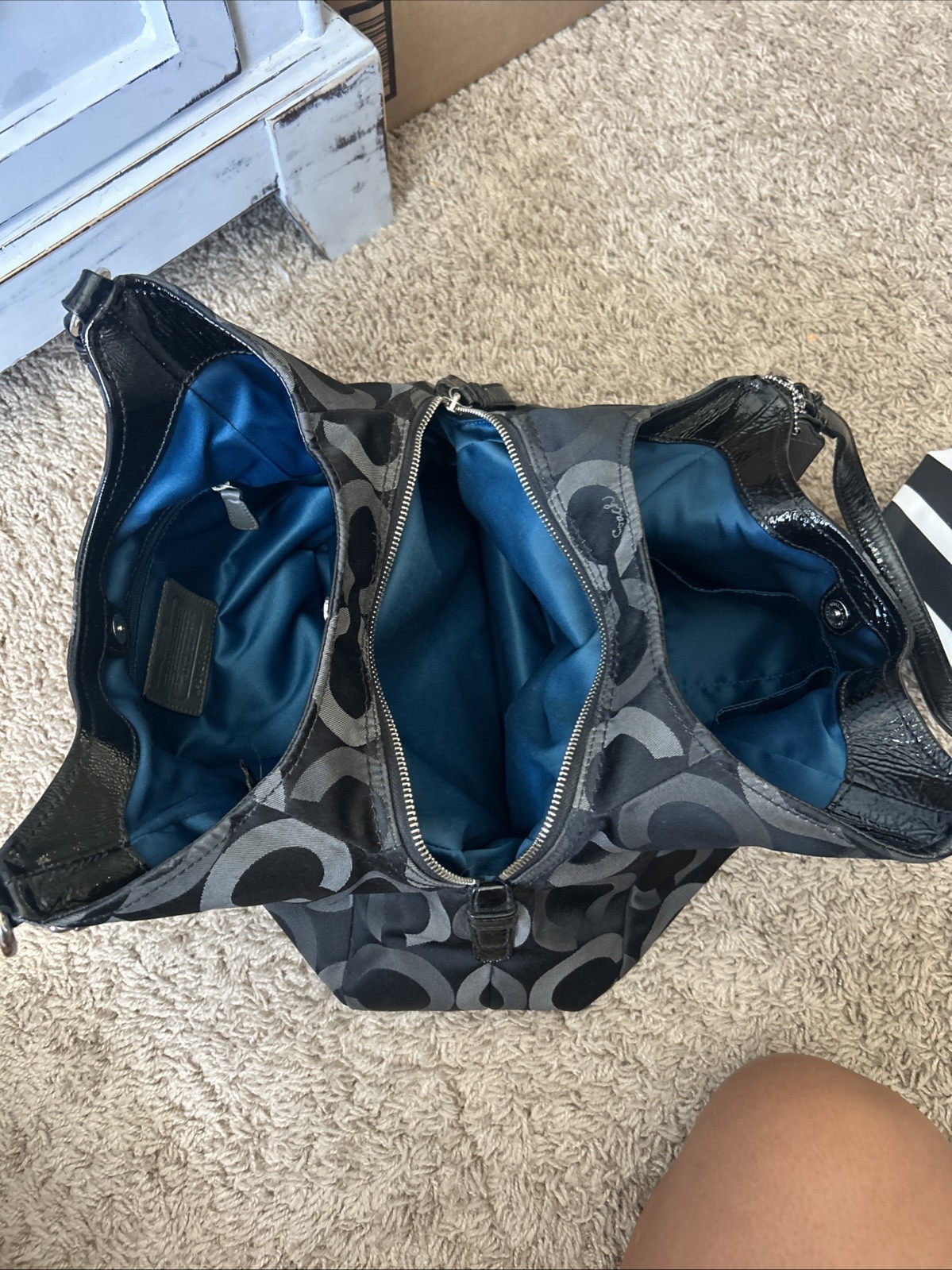 COACH C1276-20244 Madison Tote Black Patent Leather Canvas Blue Sateen Interior