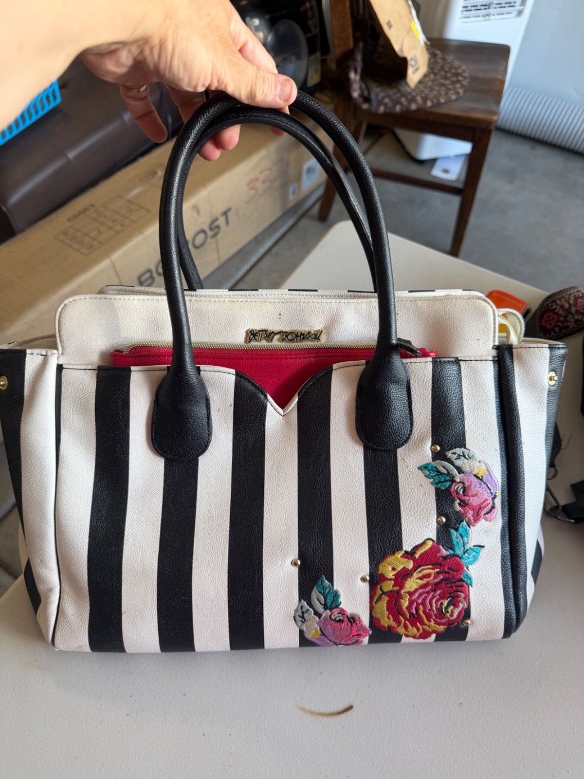 Black & White Stripped, Floral Patches, Betsey Johnson Tote Bag, Handbag & Purse
