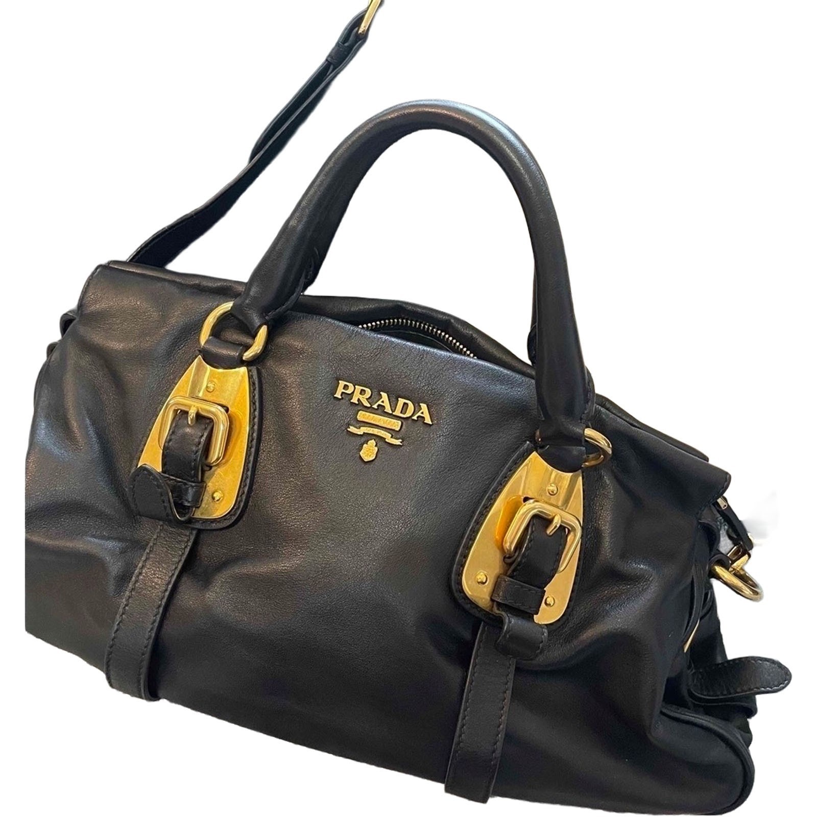PRADA BN1903 Soft Calf Leather 2Way Handbag Black Gold Nero Shoulder Tote Auth