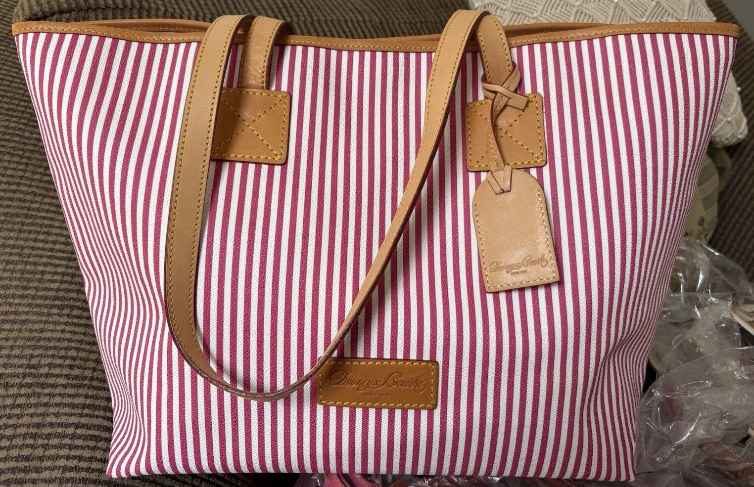 Dooney Bourke Seaview Fuchsia Pink Stripes Large Tote & Crossbody Bag Bundle Set