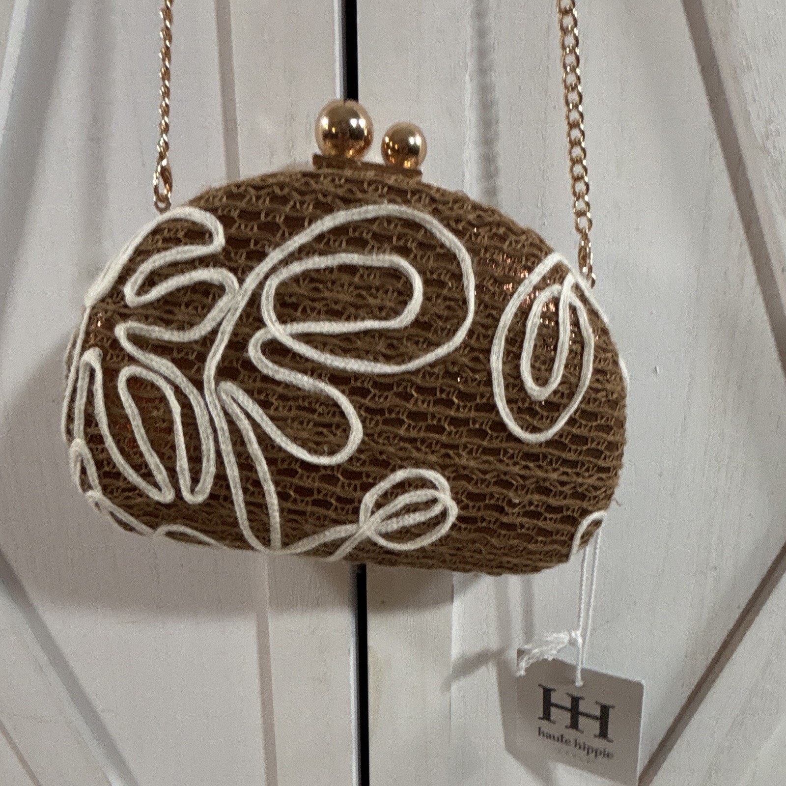 Haute Hippie Brown/White Floral Embroidered Clutch Kiss Lock Gold Chain Lined