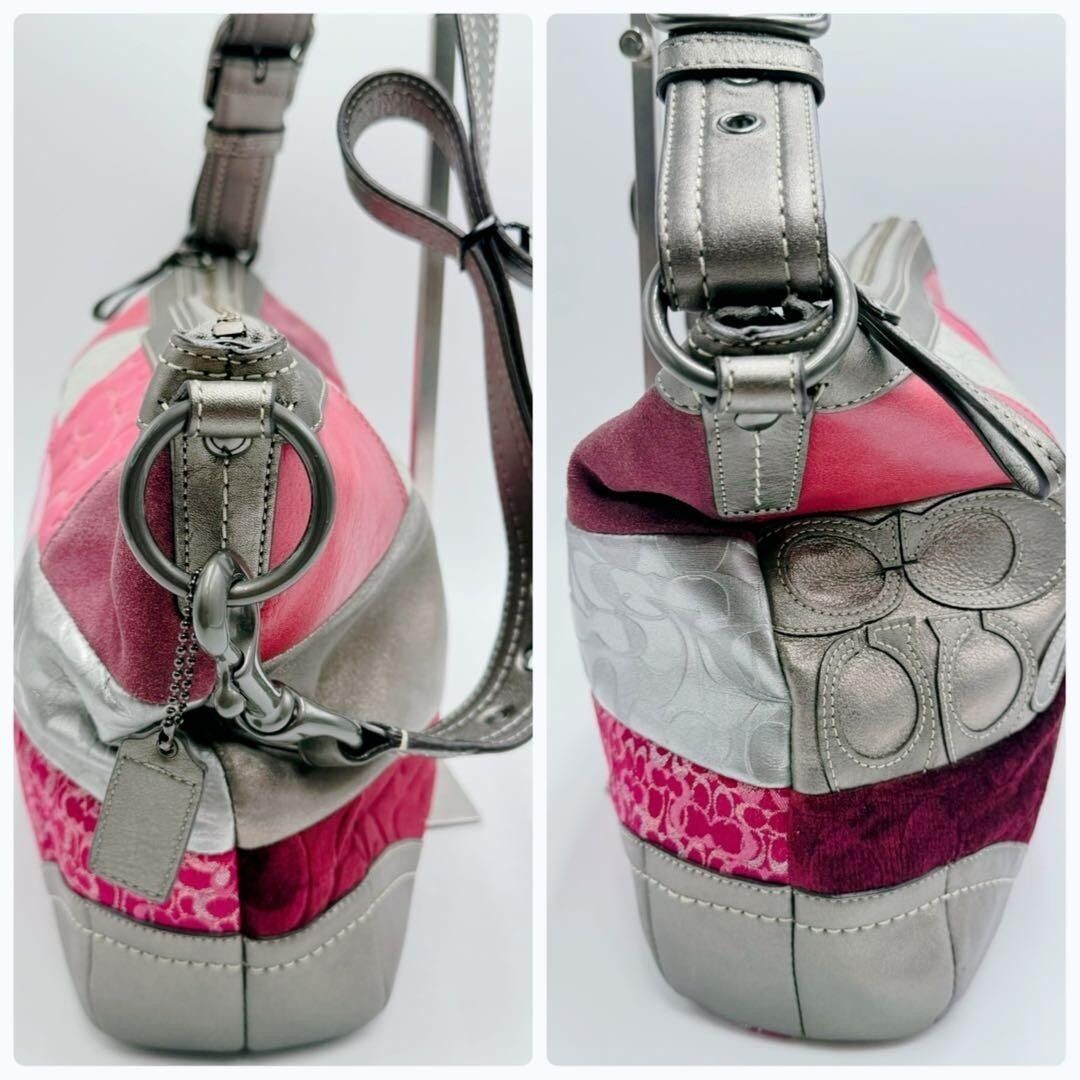 Coach Signature Patchwork Shoulder Bag Pink Leather Canvas Suede Y2K 42cm 80cm