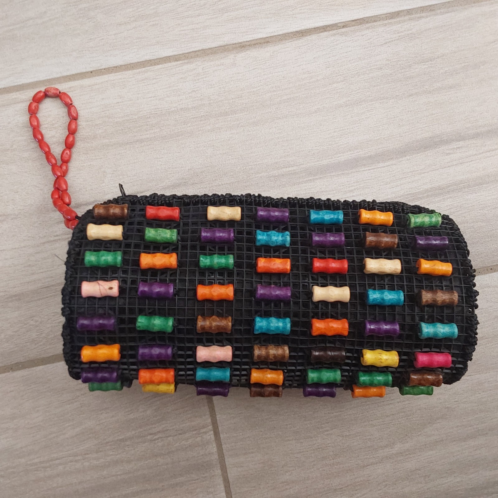 Black Crochet Round Multi Color Wood Bead Lined Pouch Clutch. Size 7×3.5×2