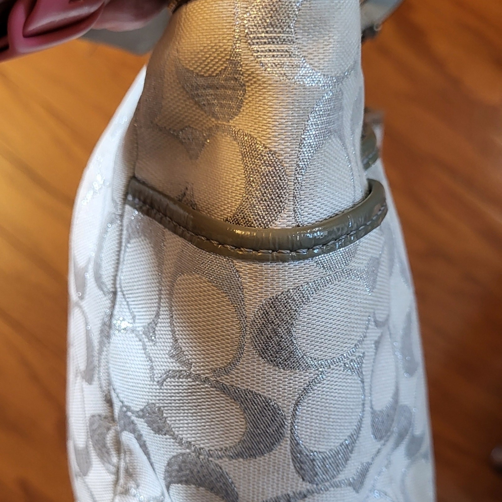Coach White and Gray with Silver Metallic Signature C Tote Bag Shoulder F17724
