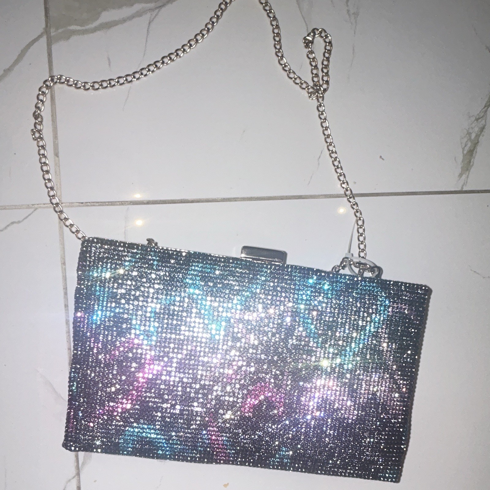 Multicolor Glitter Metallic Clutch, Clasp, Detachable Gold Chain Strap
