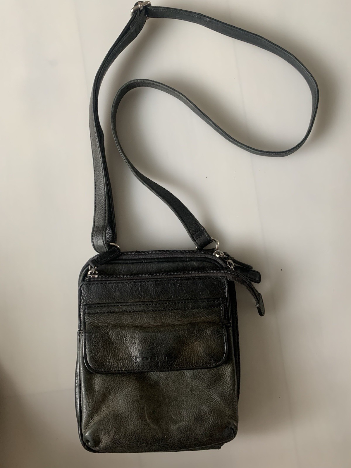 Vintage Fossil Black Leather Crossbody Organizer Bag Multi Pocket Purse