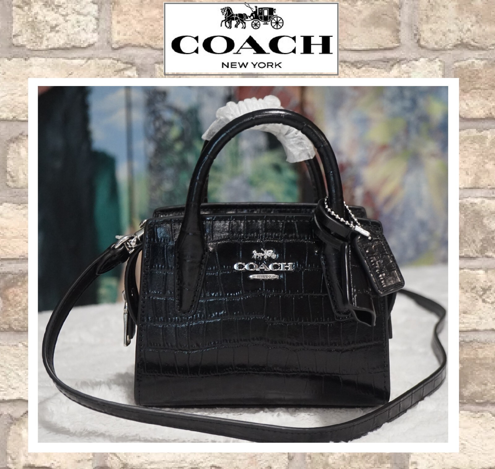 NWT Coach Andrea MINI Carryall Top Handle X-Body In BLACK Croco Embossed Leather