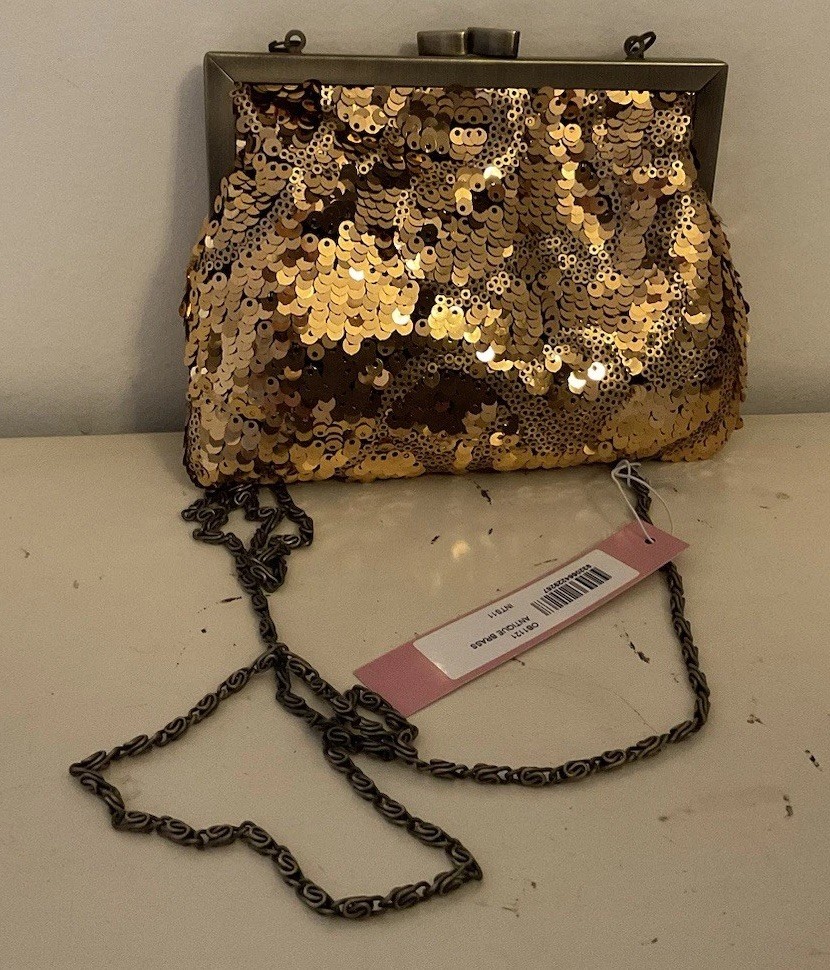 Lovely Olga Berg Antique Gold Tone Sequinned Bag With Tags , Never Used