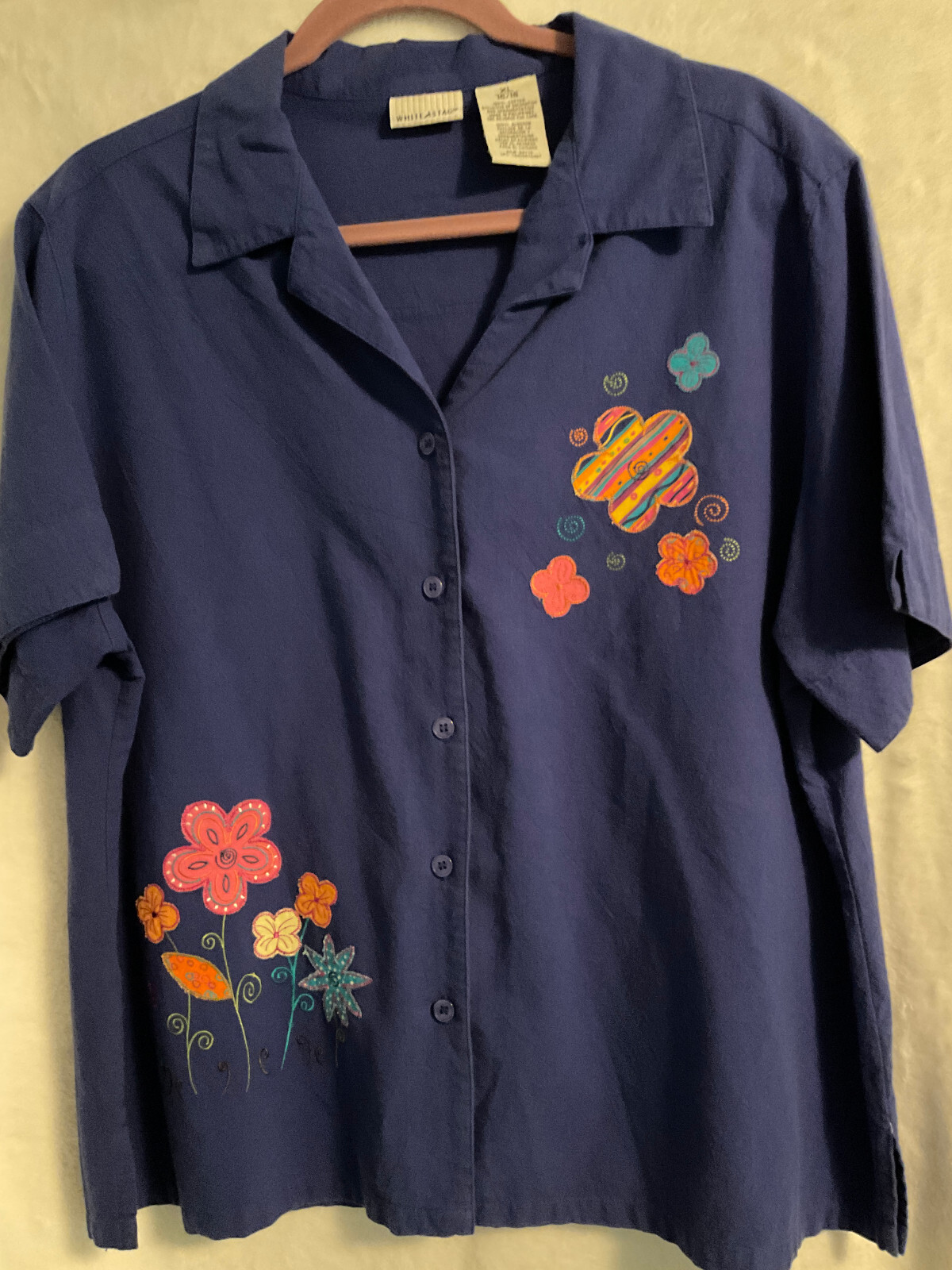 White Stag Blue Multi Floral Cotton Short Sleeve Button Down Shirt Blouse