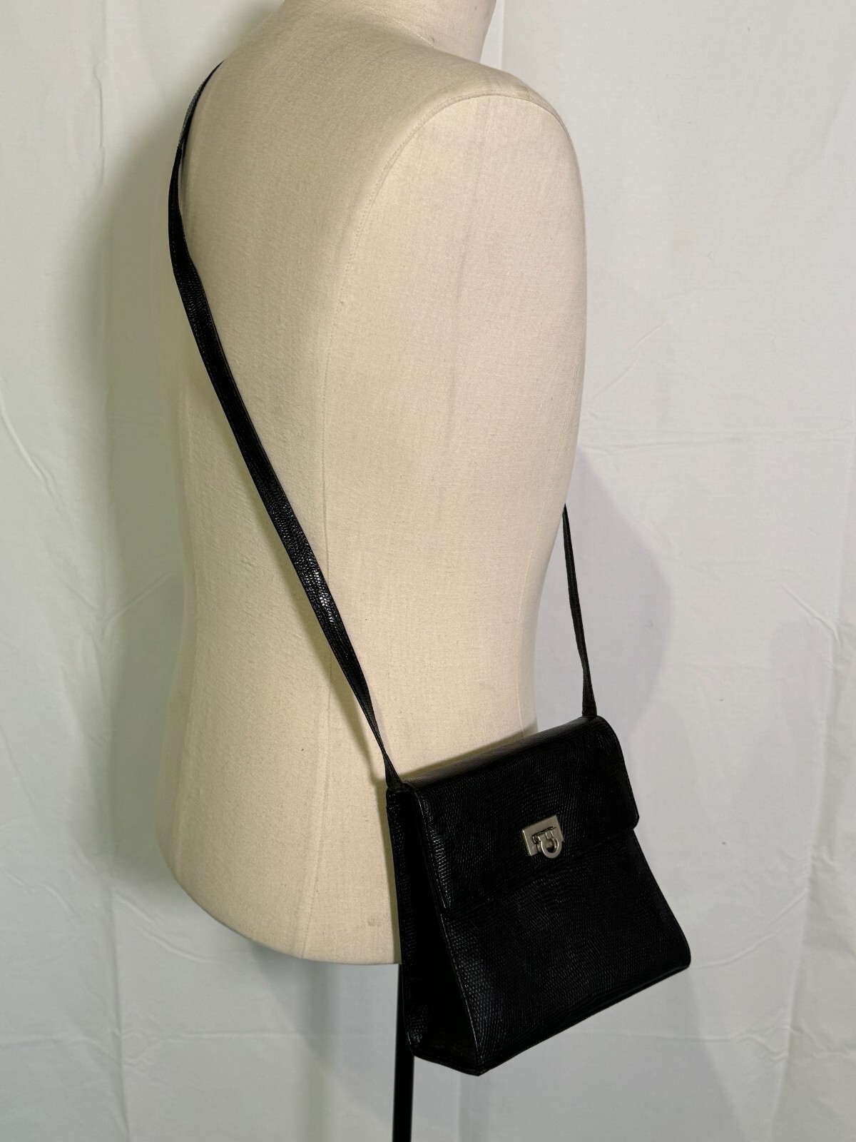 VTG 70s SIMARD & Voyer Black Snake Effect Leather Crossbody Bag Shoulder Purse
