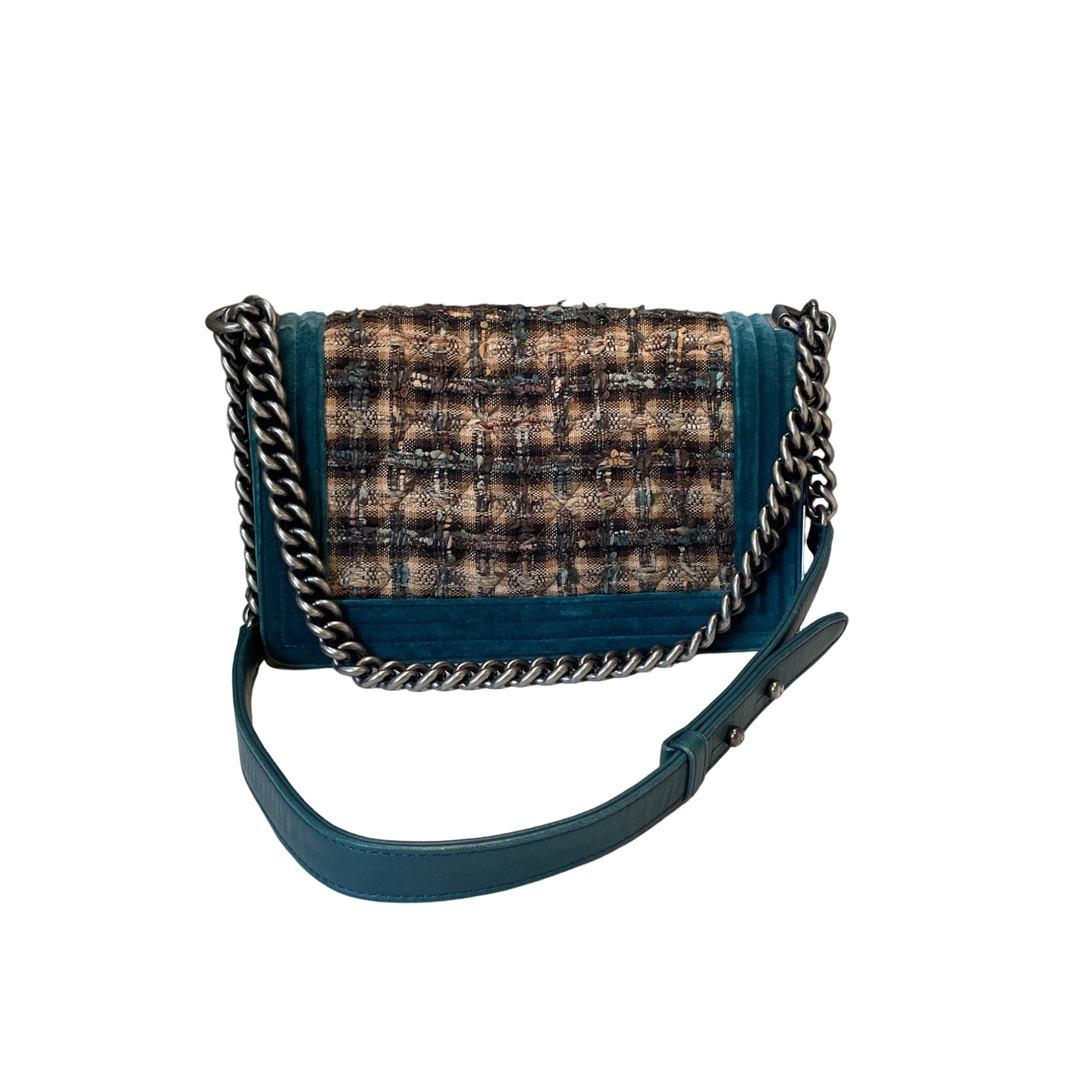 Chanel Le Boy Edinburgh Green Tweed Velvet Chain Bag Pre-Owned