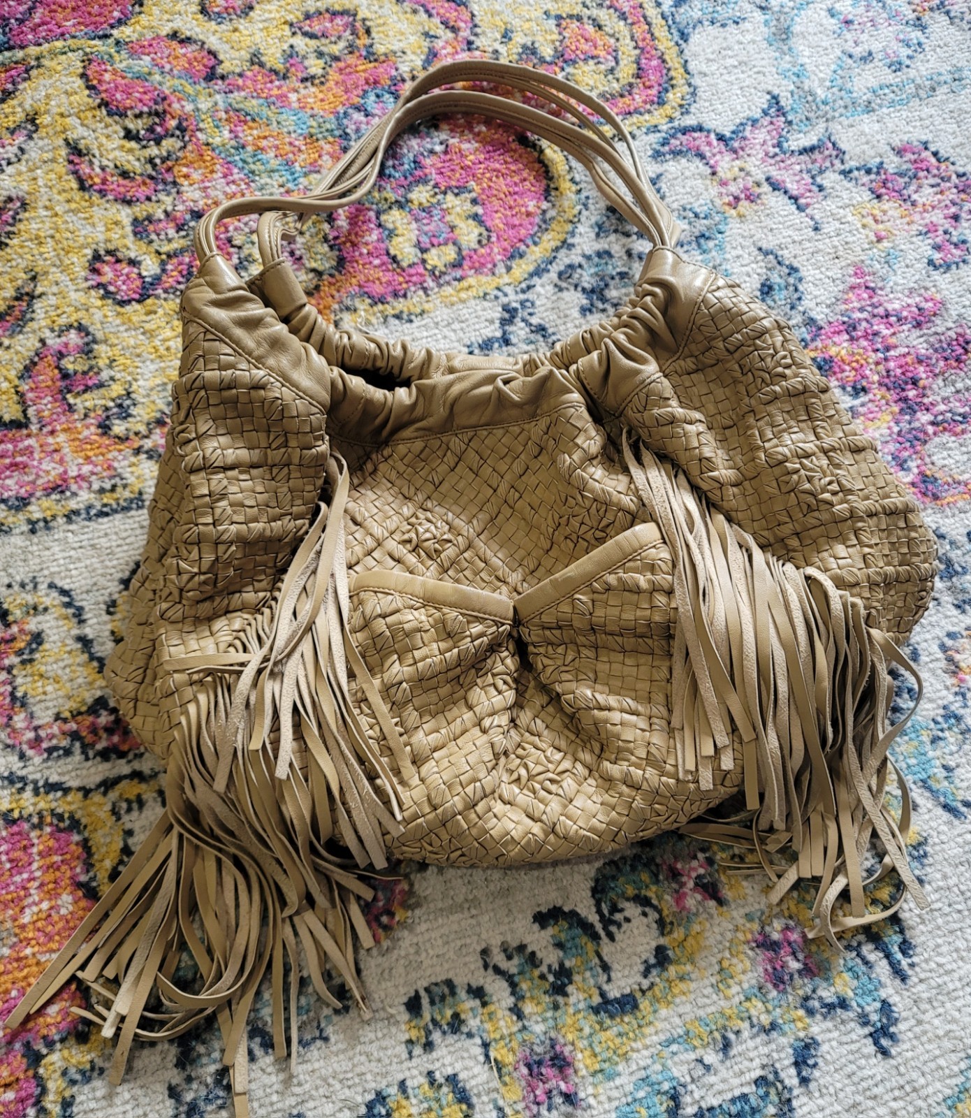 EUC Vanessa Bruno Fringe Sack LARGE Beige Hobo Bag Woven Leather Boho OR $1500