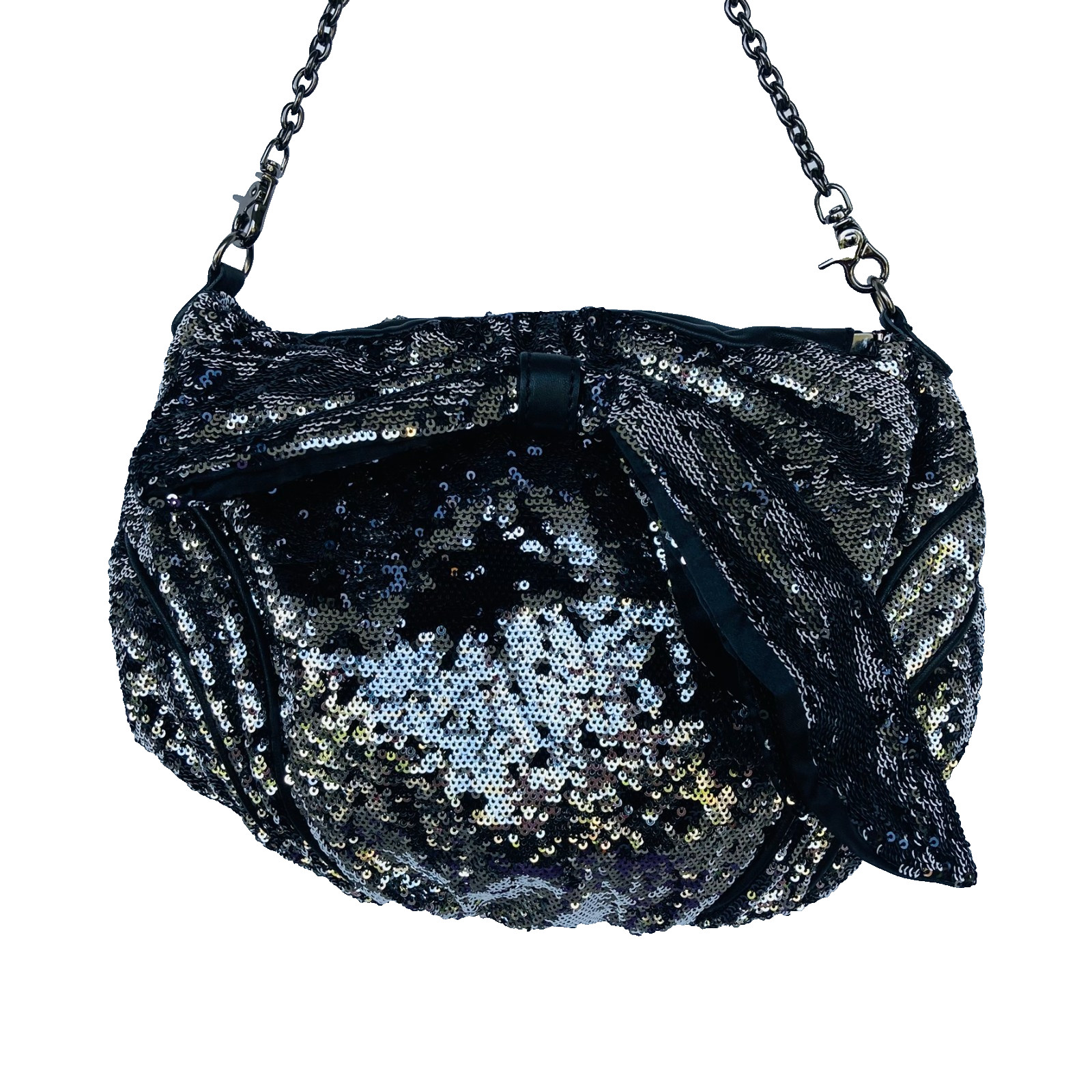 Vtg Bill Blass Black Silver Sequin Evening Bag Clutch Bow Chain Y2K Indie Sleaze