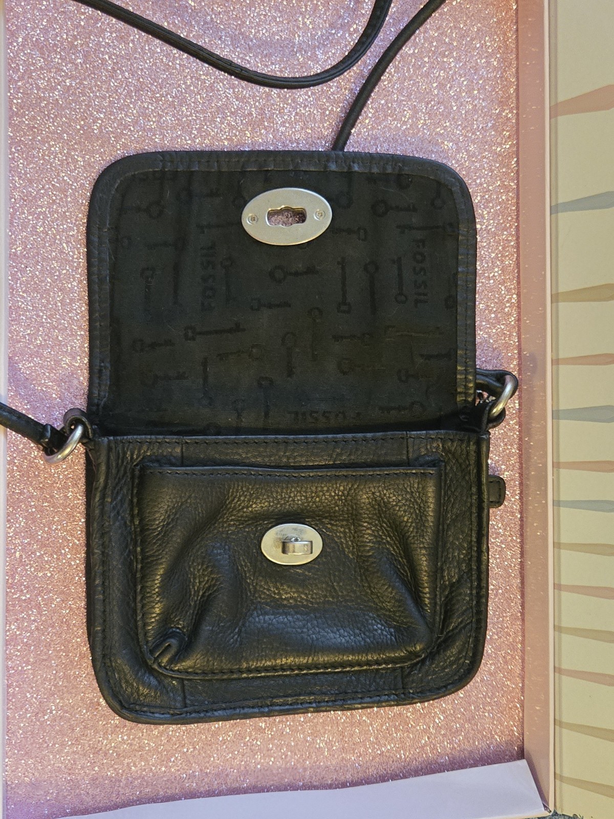 Vintage Fossil Black Leather Crossbody Turn Lock Flap Purse Key Bag Charm