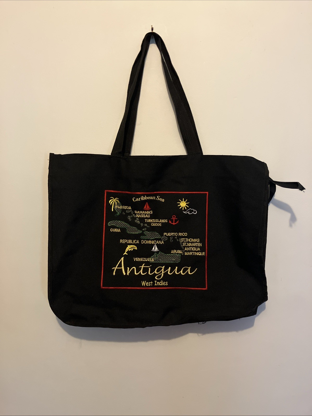 Antigua Canvas Souvenir Tote Bag Embroidered Black Zippered Handbag 20” x 16″