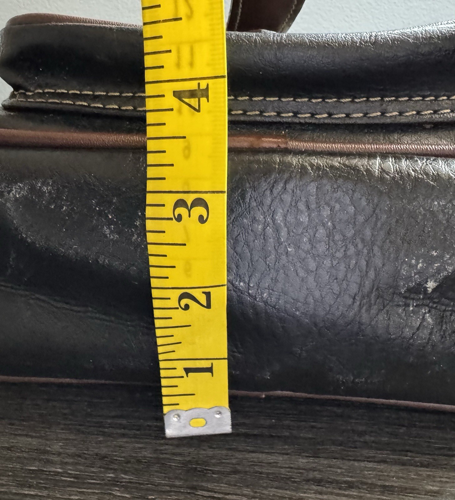 Leather Crossbody Bag Chenson Dark Black with Brown Trim .