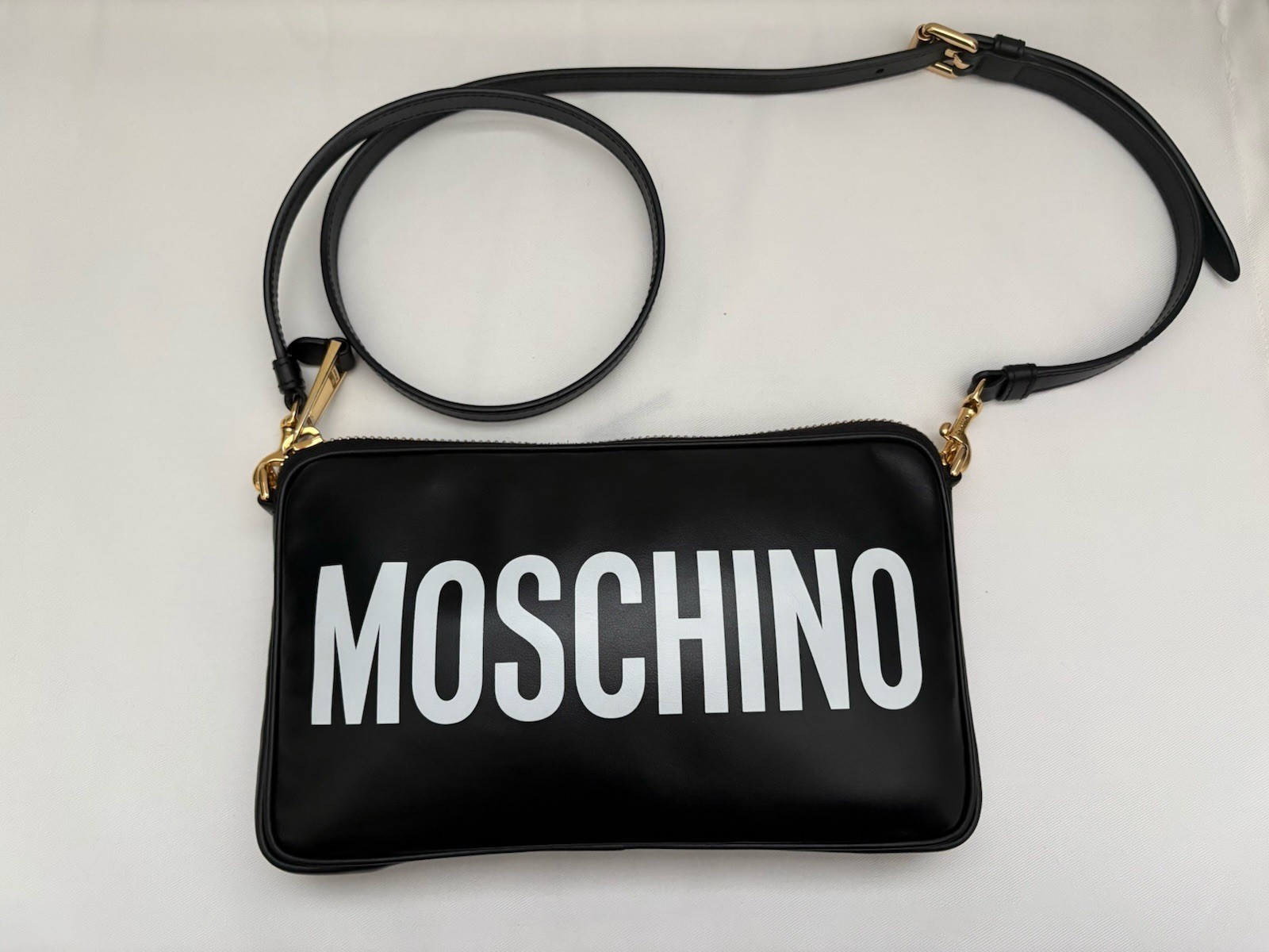 Authentic Moschino Logo-Print Wristlet Crossbody Pouch Bag Black White Leather