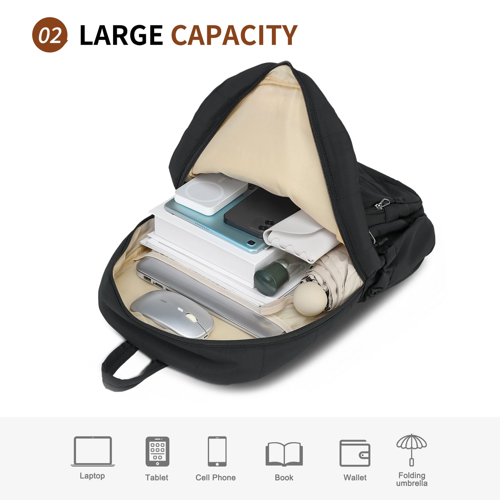 Quilted Laptop Backpack for 15.6 Inch Laptop Travel Bag with Luggage Strap Black