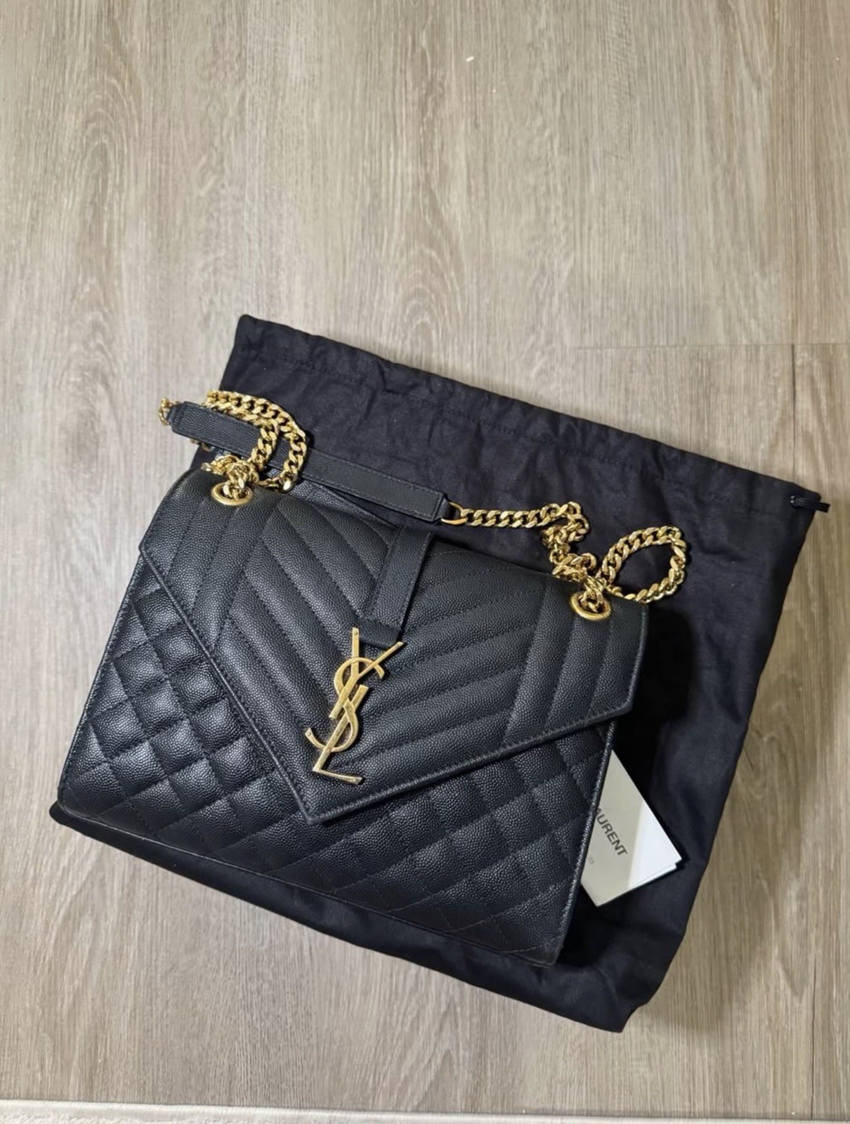 Saint Laurent Envelope Black Quilted Chain Shoulder Bag Gold Hardware Dust Bag