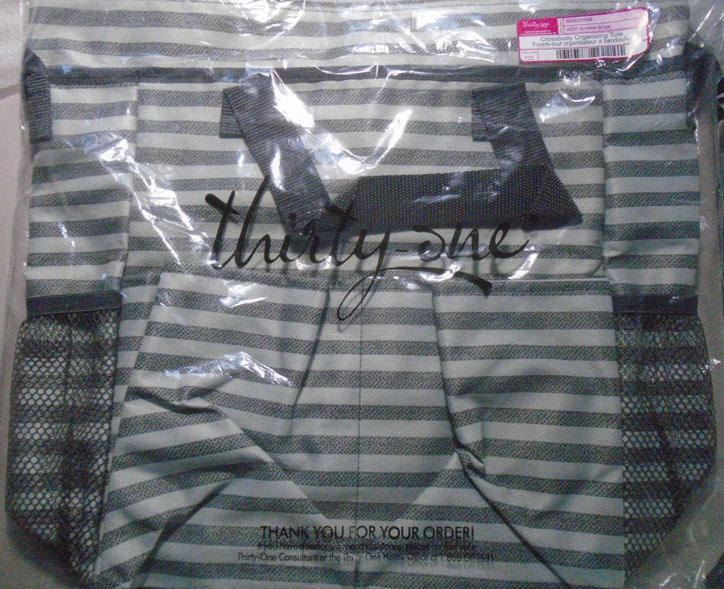 Thirty-One Striped Crossbody Organizing Tote Scribble Stripe Black Gray White