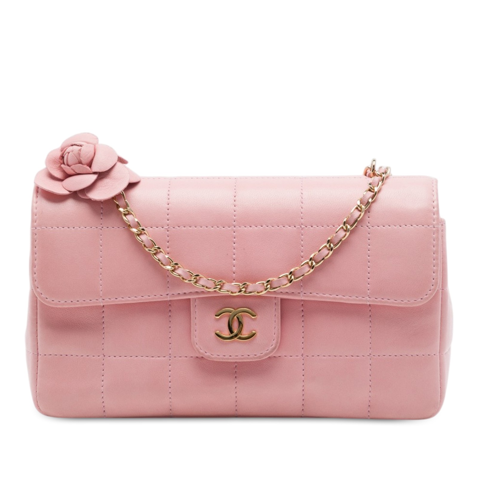 Chanel Mini CC Chocolate Bar Lambskin Camellia Flap Pre-Loved Crossbody Bag Pink