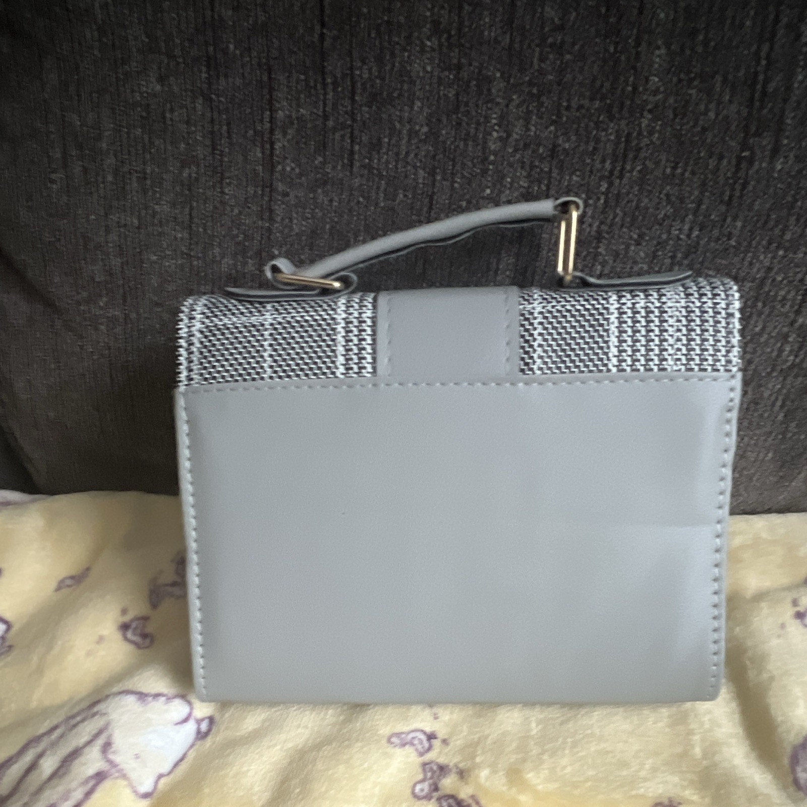 Gray/Black/White Plaid Satchel Top Handle Bag, Detachable Crossbody Strap