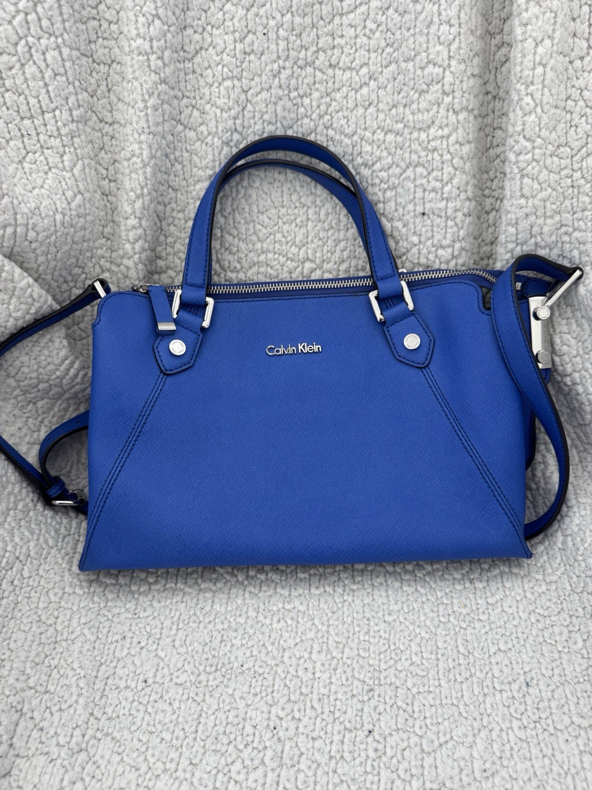 NWOT Calvin Klein Saffiano Satchel W Detachable Crossbody Strap Cobalt Blue Bag
