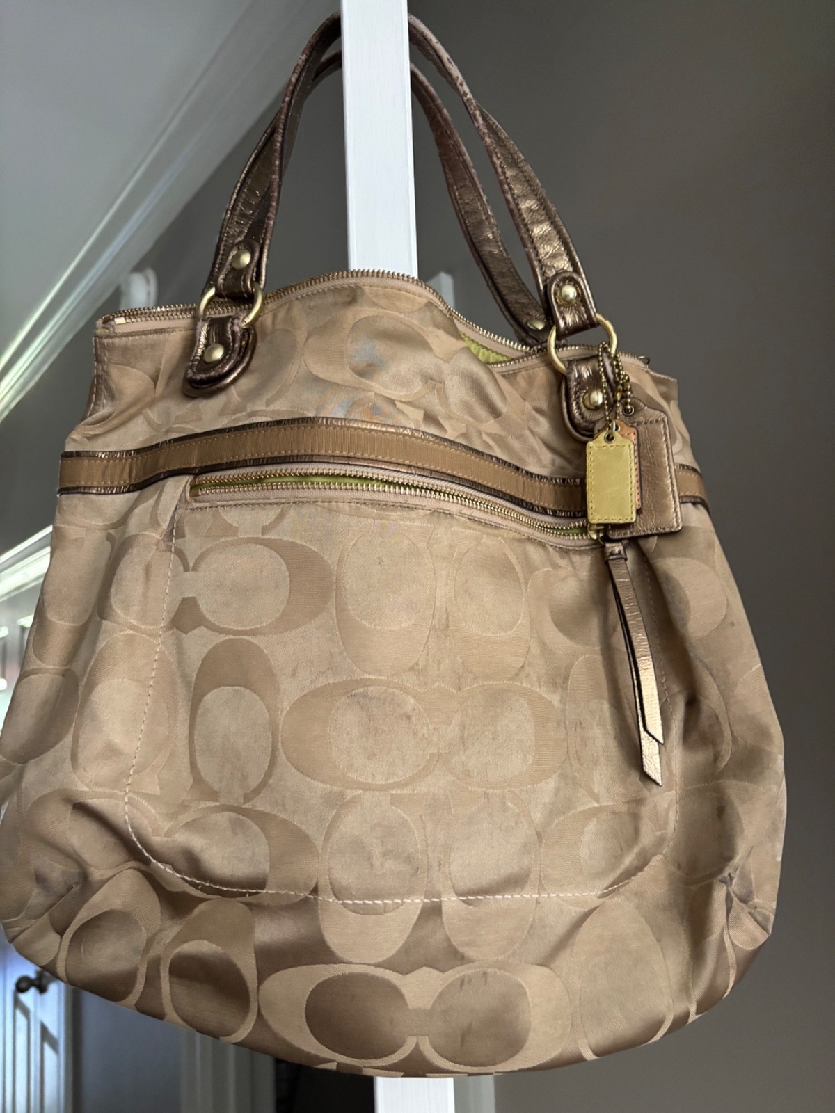 Coach Signature Sateen Hobo Champagne Gold Metallic Handles Bag
