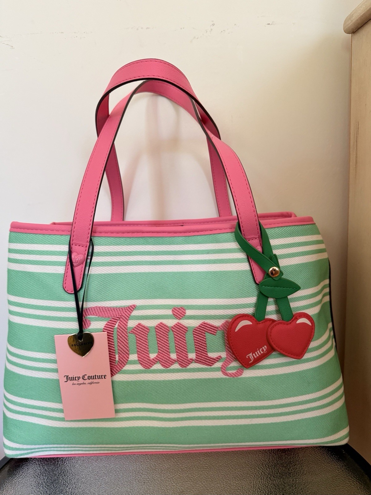 Juicy Couture Paradise Tote Bag Green White Striped Cherry Charm Canvas NWT