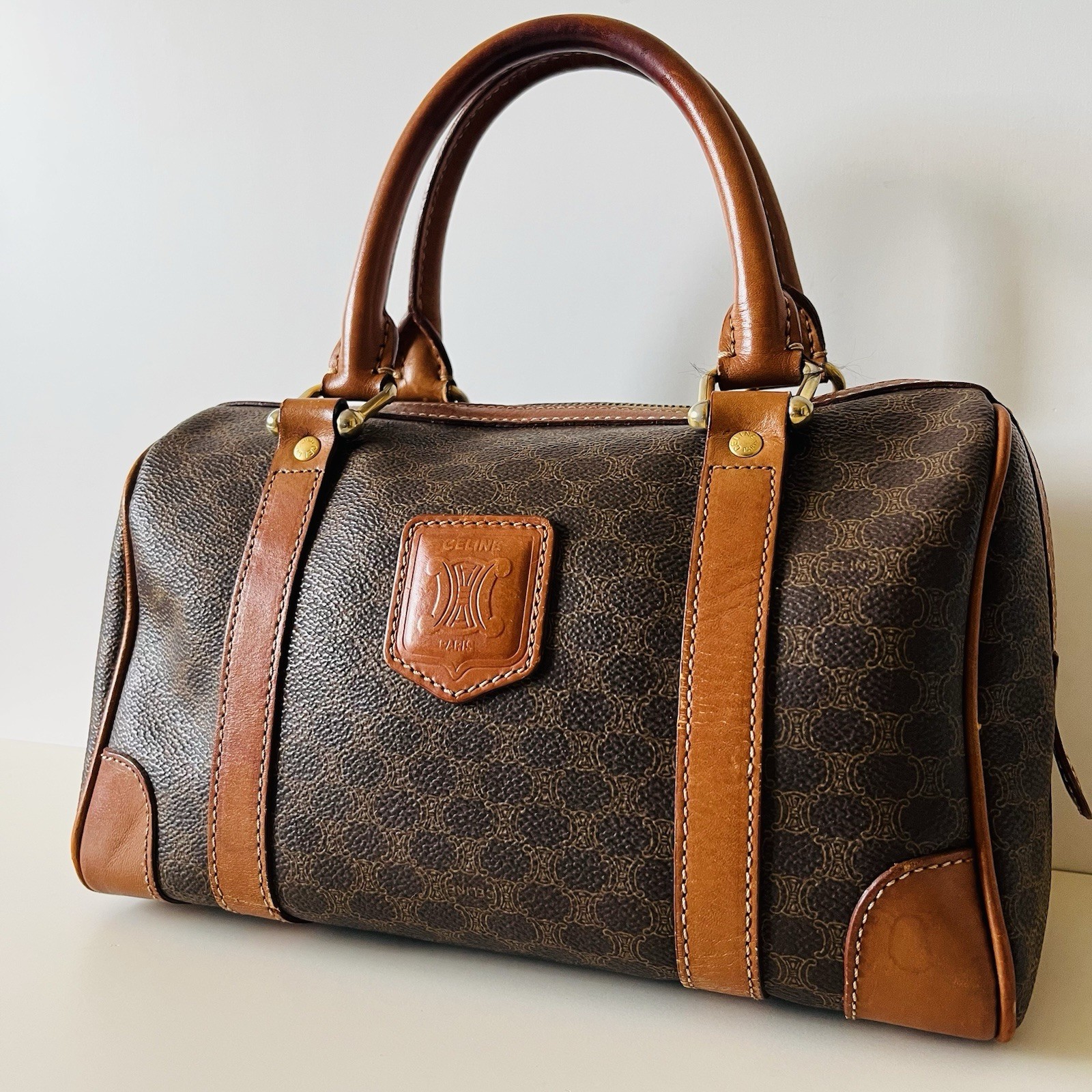 CELINE vintage Macadam Mini Boston Bag handbag Triomphe Logo Brown Leather/PVC