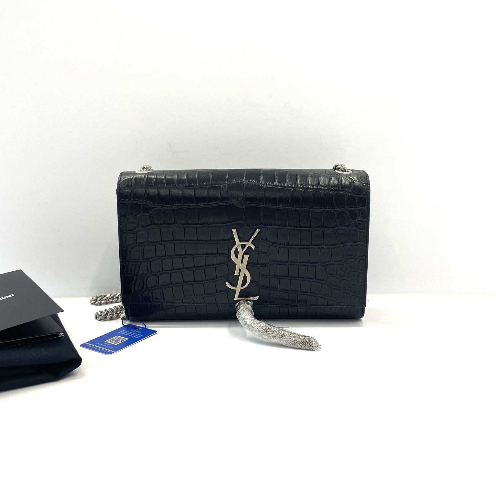 Saint Laurent Kate Medium Black Leather Crocodile Pattern Tassel Shoulder