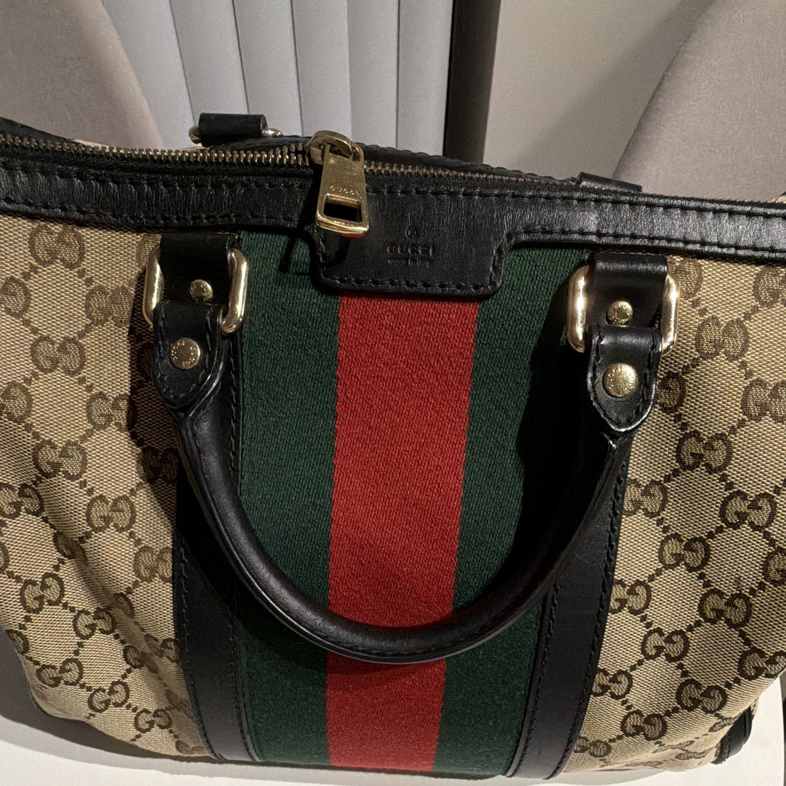 Gucci GG Pattern Web Stripe Top Handle Zip Bag Gold Hardware Beige/Black