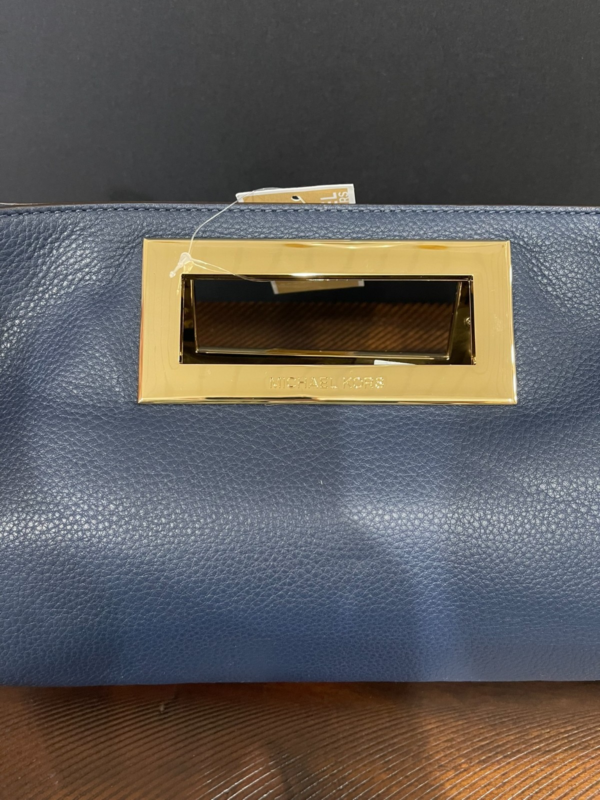 NWT Michael Kors Berkley Pebbled Leather Navy Clutch / Purse Gold Tone Hardware