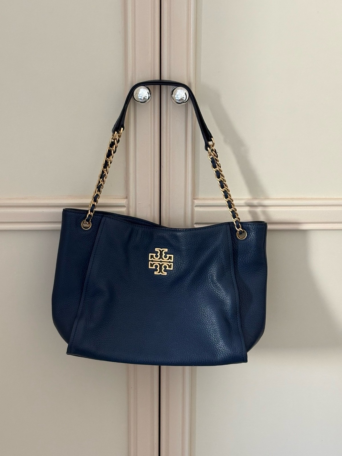 Tory Burch Britten Mini Pebbled Leather Tote – Navy Blue