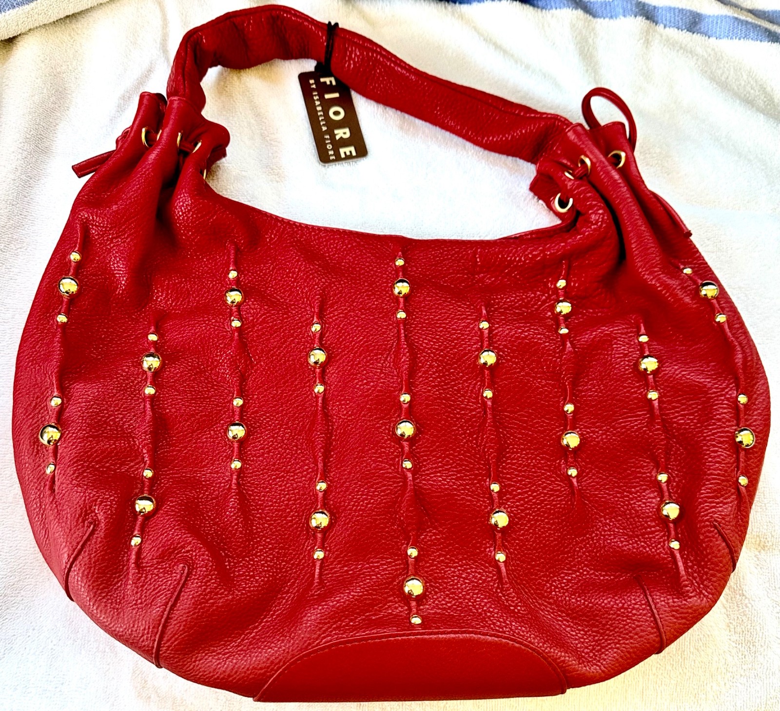 NEW ISABELLA FIORE Red Leather Gold Studded Hobo Handbag Purse