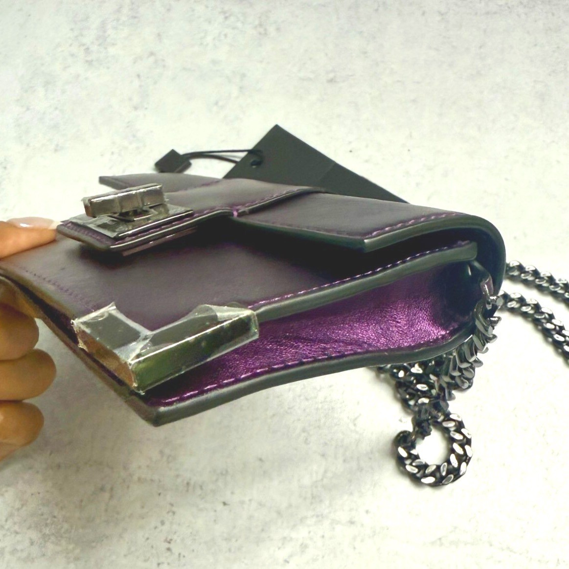 The Kooples Emily Leather Clutch Wallet Purple Metallic Chain Strap