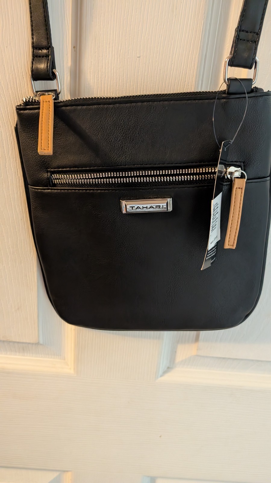 Tahari Black Crossbody Bag Adjustable Strap Silver Hardware Zip Front Pocket