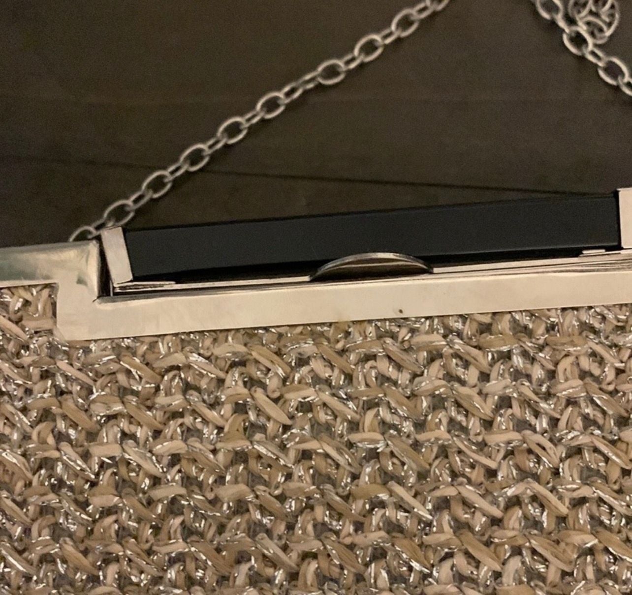 Bueno Woven Metallic Straw Evening Clutch with Silver Tone Chain and Frame