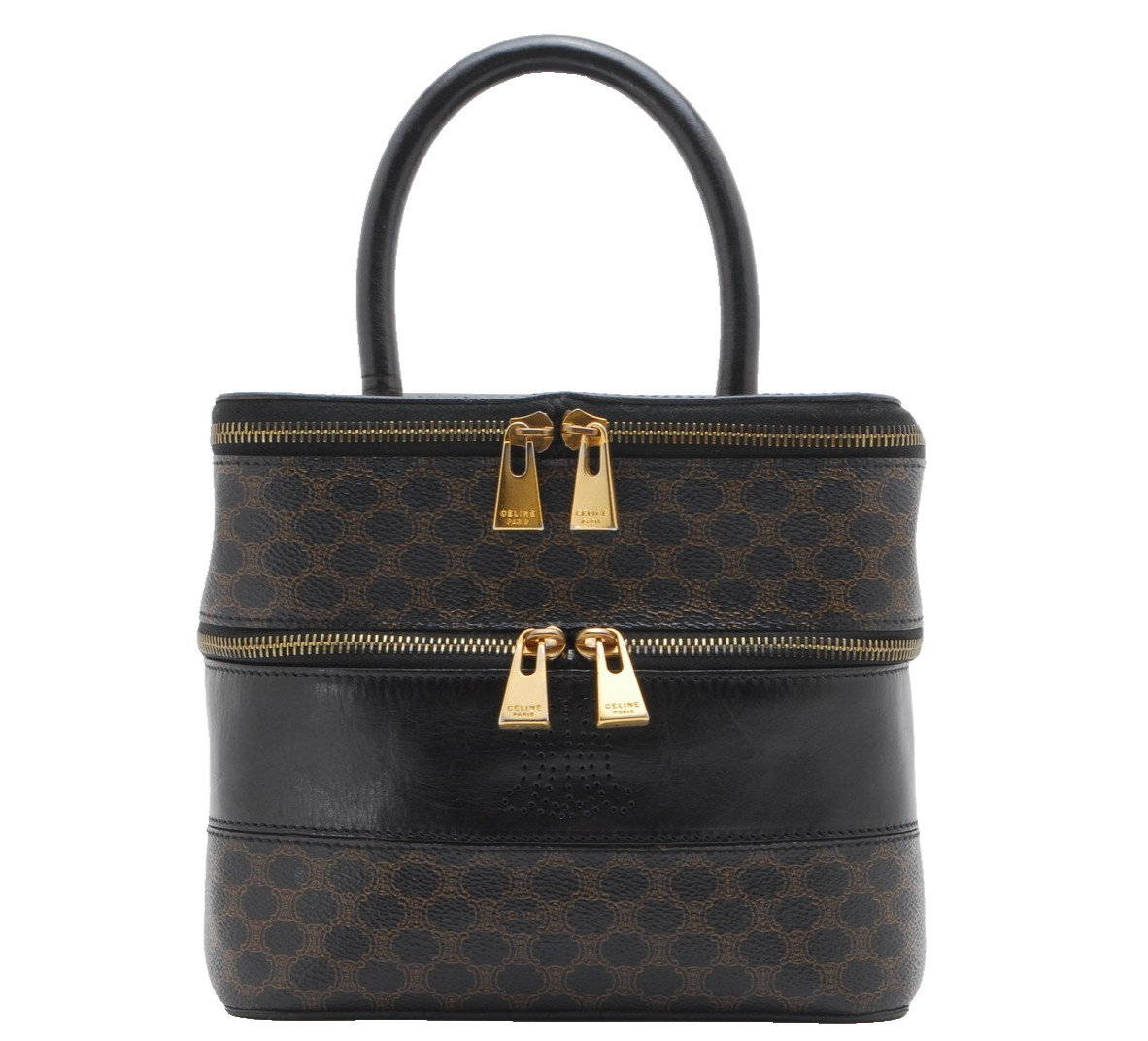 CELINE Triomphe Macadam PVC Leather Vanity Cosmetic Pouch Black Vintage #1082