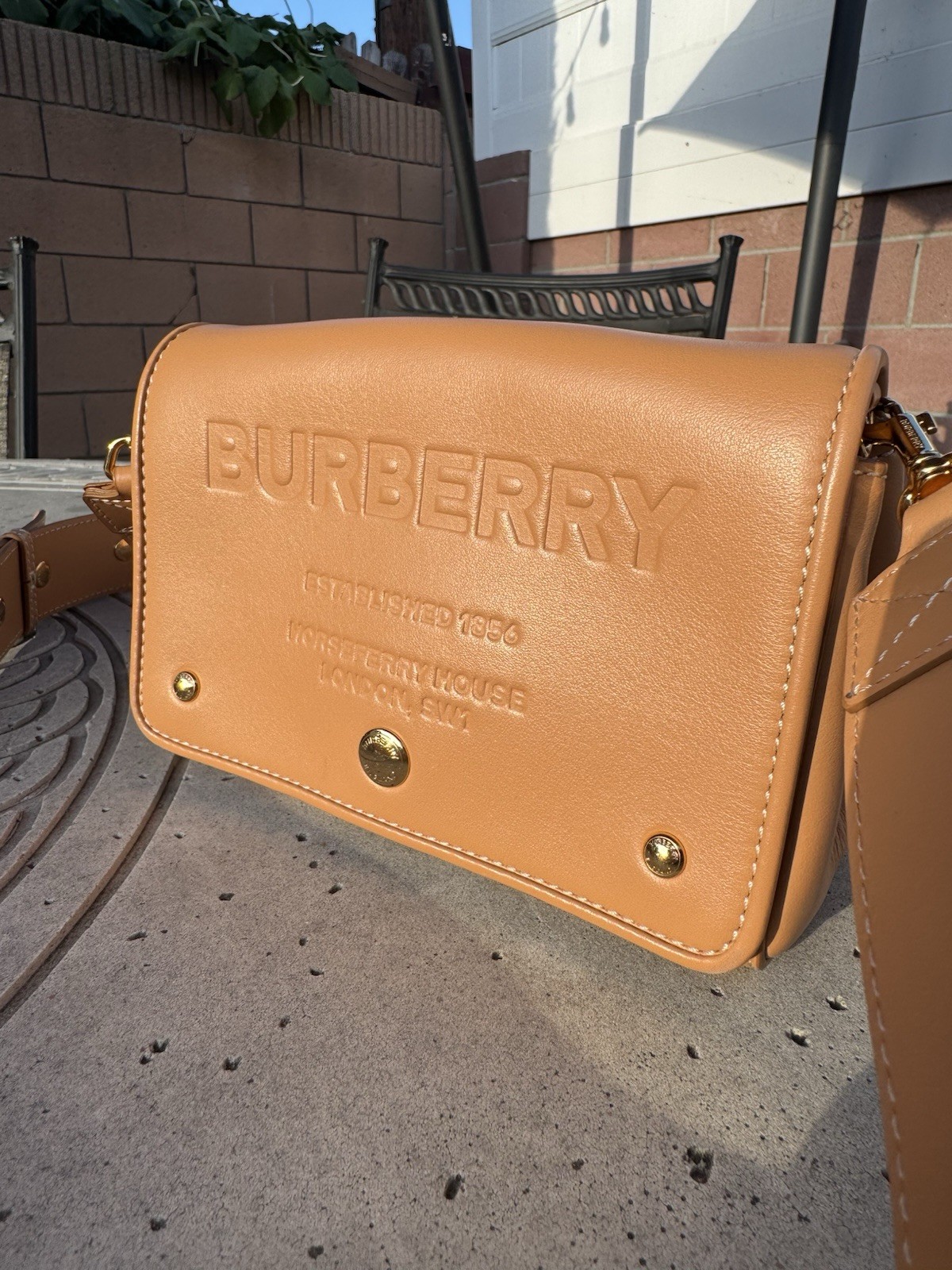 Burberry Horseferry Debossed Leather Crossbody Bag in Warm Sand