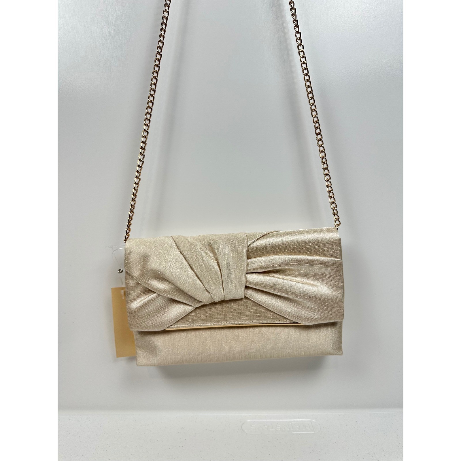 Jewel Badgley Mischka Champagne Satin Gold Bow Evening Clutch Crossbody Bag NEW