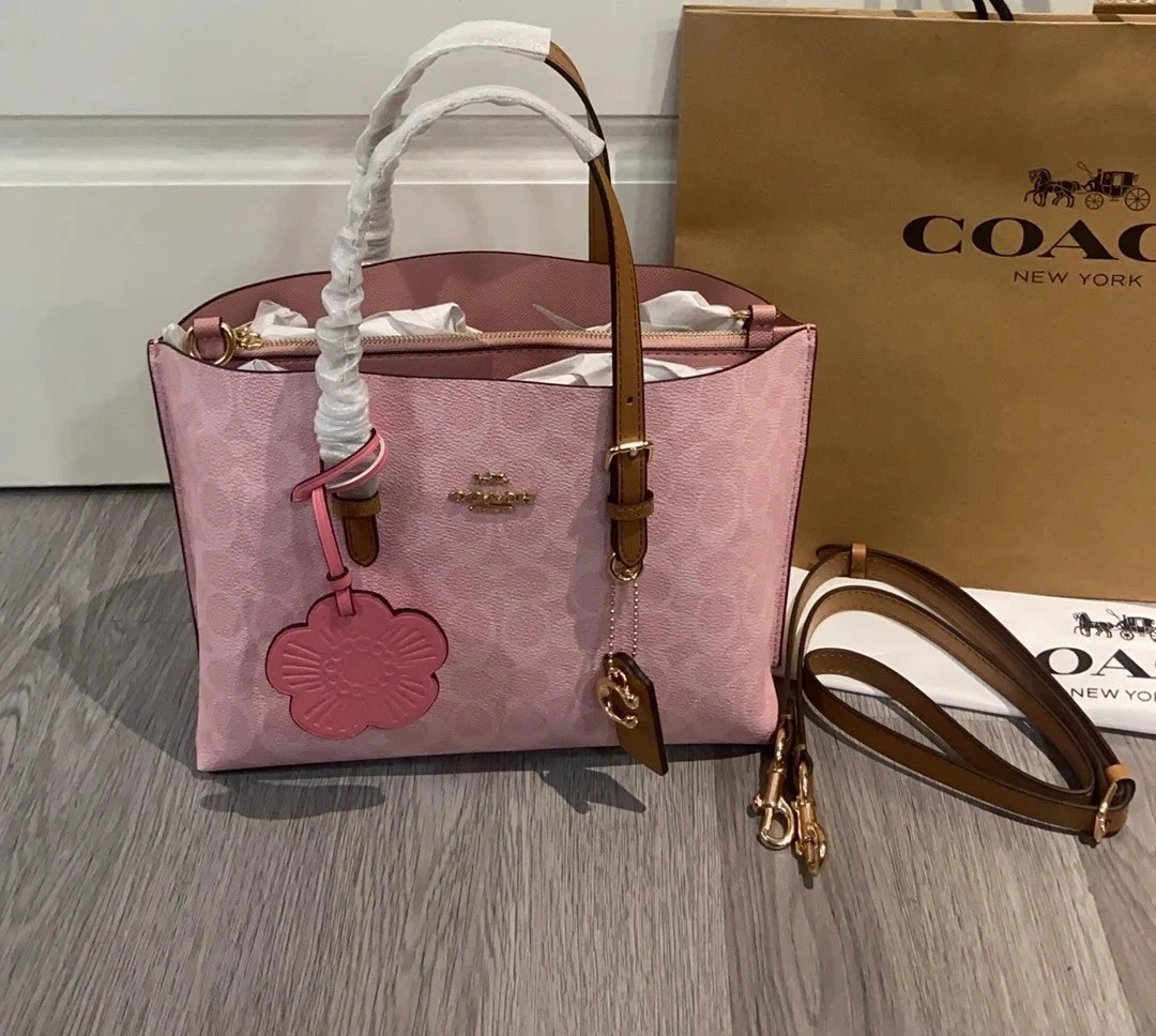 CER24 Coach Outlet Mollie Tote Bag 25 Signature Canvas Charms Gold Powder Pink
