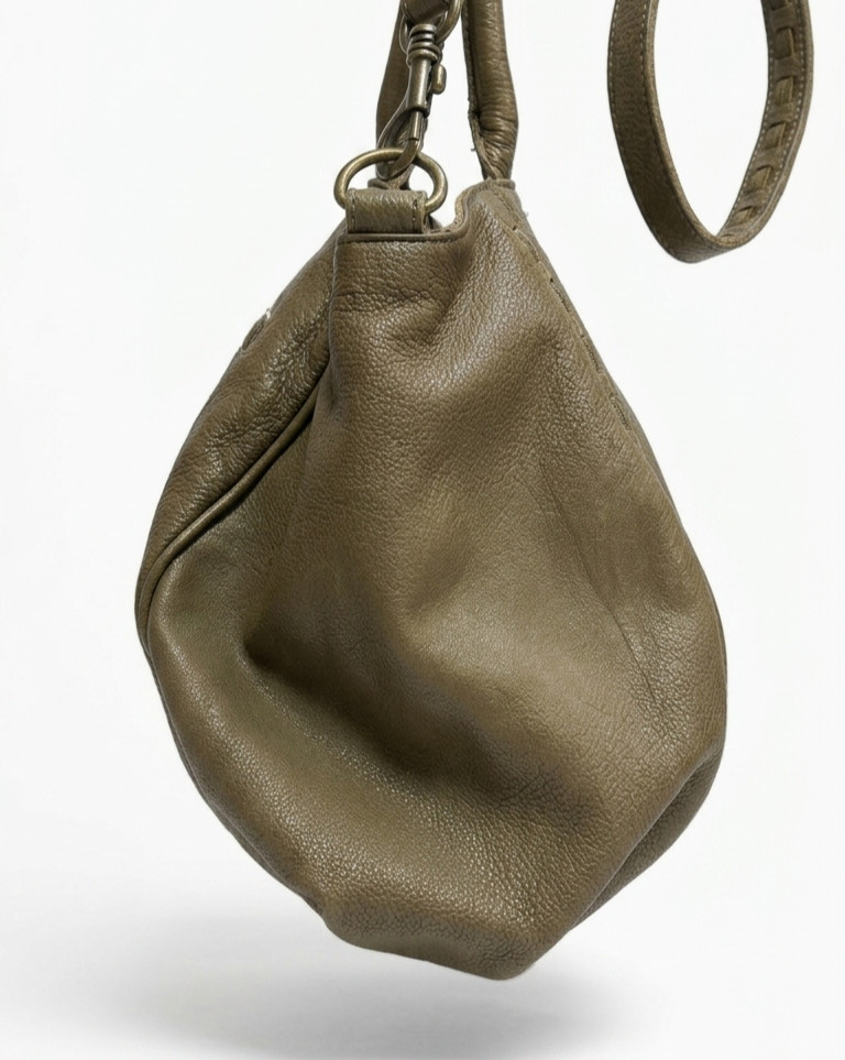 Liebeskind Berlin Taupe Olive Pebbled Leather Satchel Whipstitch Crossbody Bag