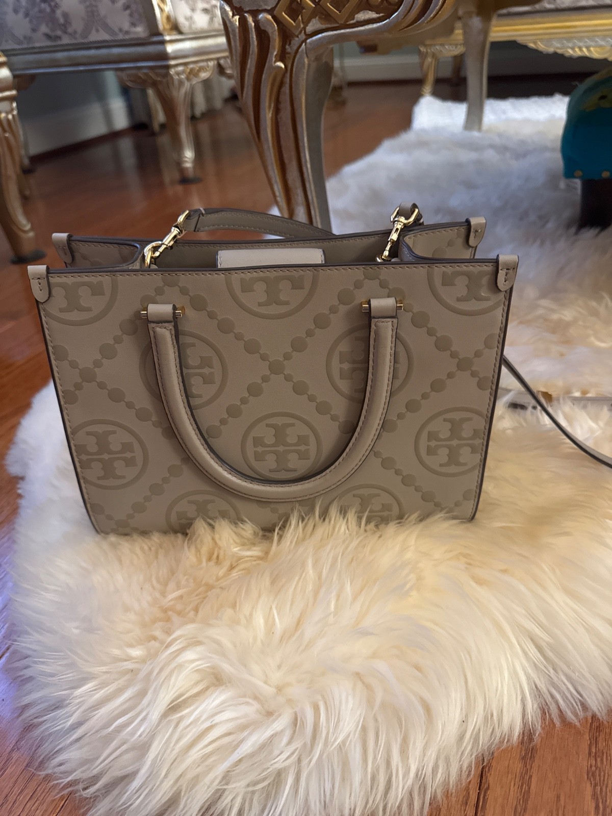 Tory Burch T Monogram Embossed Square Tote Grey Adjustable Strap Gold Hardware