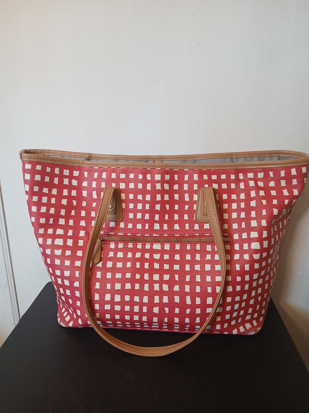 Crown & Ivy Large Tote Shoulder Bag Purse Pink With White Squares Shopper