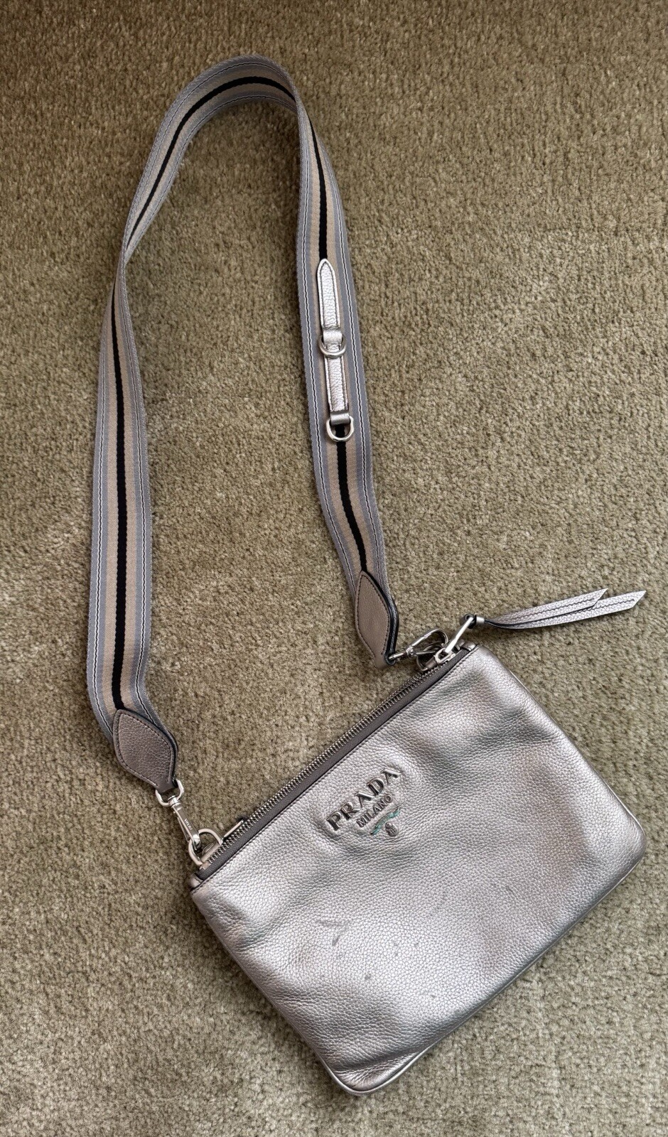 Authentic Prada Double Zip Crossbody Bag Vitello Daino Silver