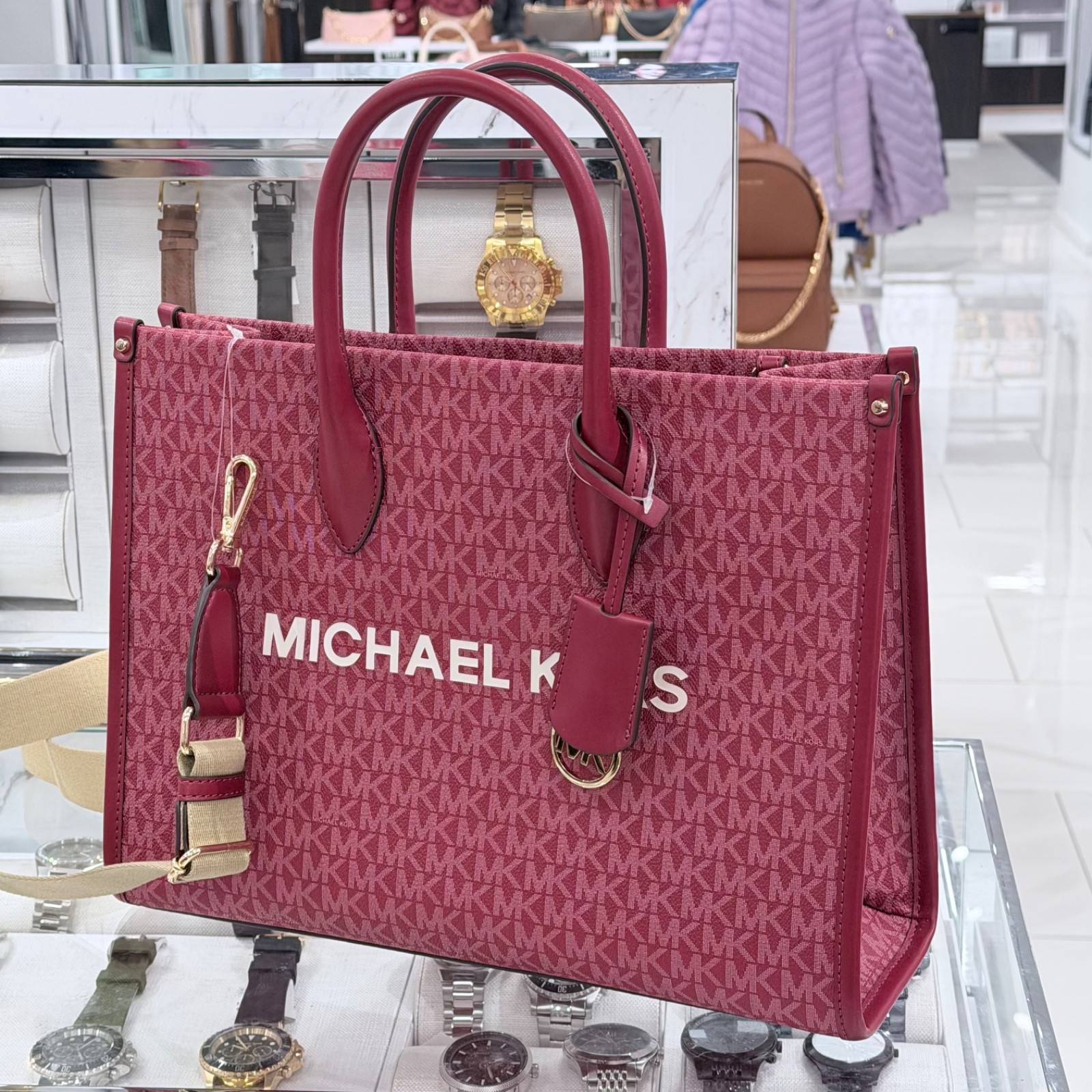 Michael Kors Mirella Medium Tote MK Signature Logo Bag Cherry