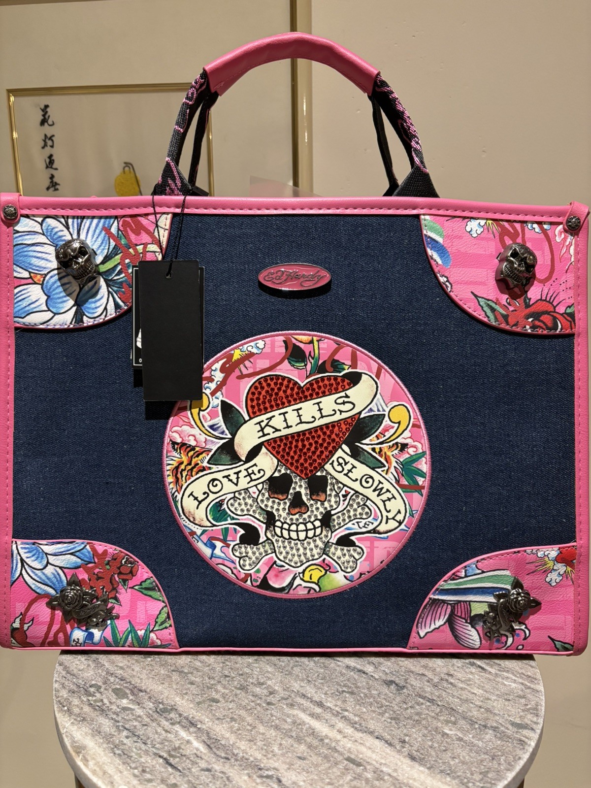 NWT Ed Hardy Love Kills Slowly Denim Pink Tote Bag Skull Rhinestone Y2K Rare