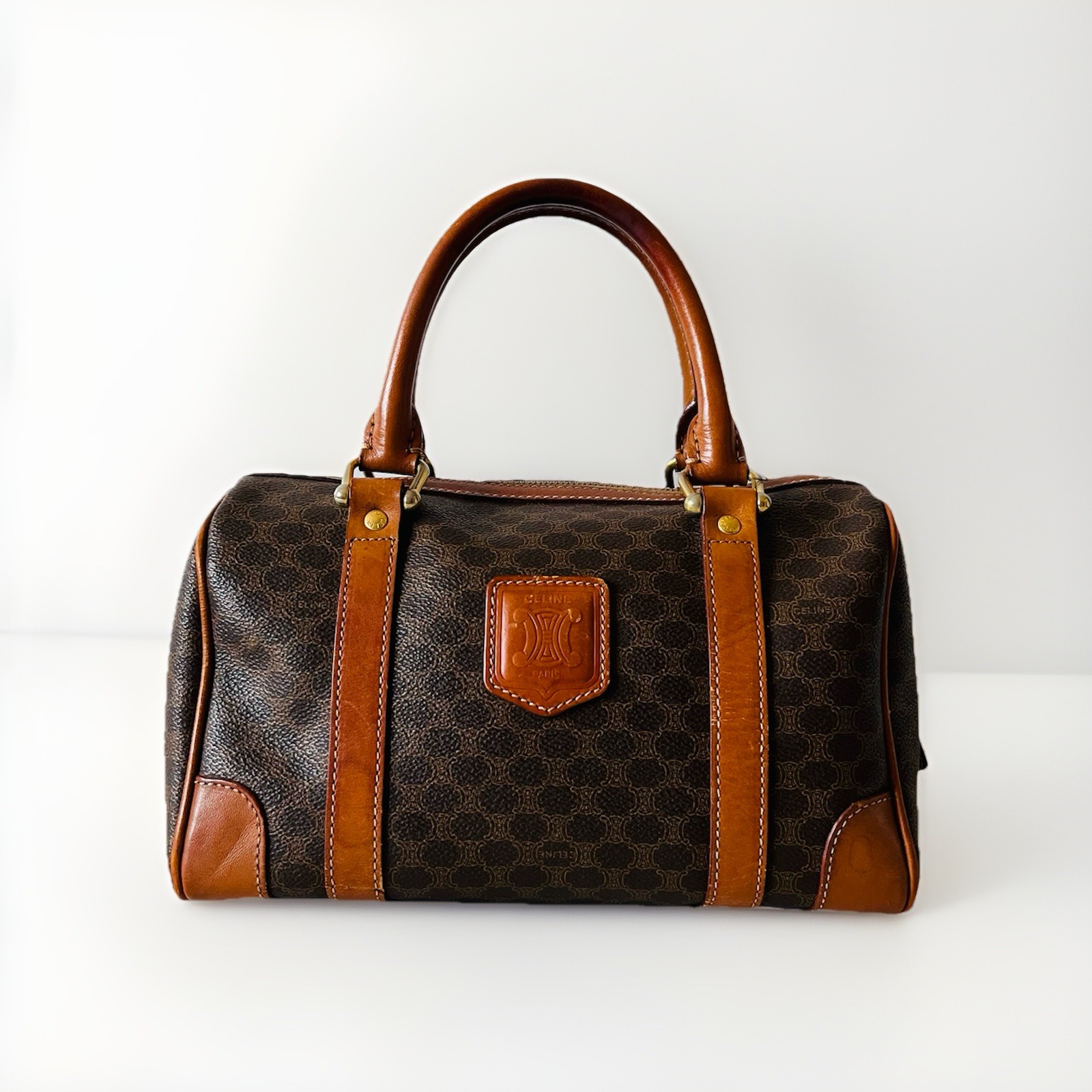 CELINE vintage Macadam Mini Boston Bag handbag Triomphe Logo Brown Leather/PVC